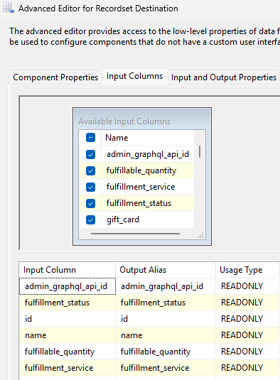 Recordset Destination Configuration